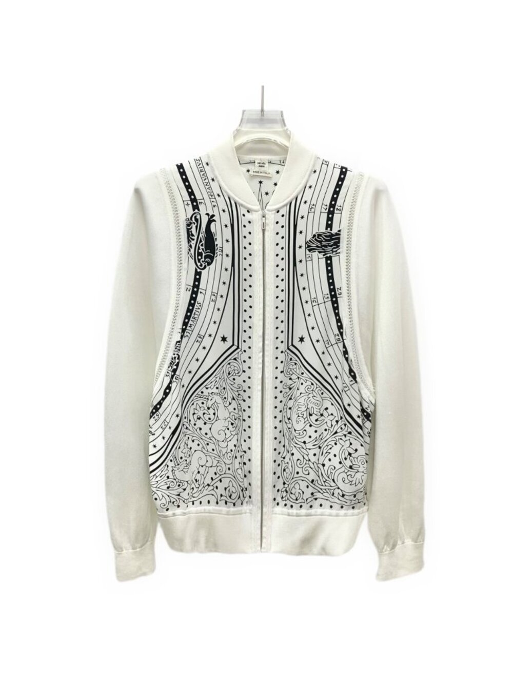 Hermès White Constellation Print Silk-Panel Stand-Collar Zip Knit Jacket